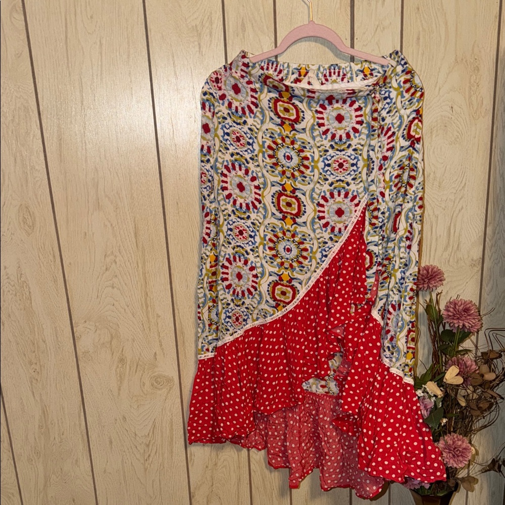 Solitaire Mixed-Print Asymmetrical Polka Dot Ruffle Skirt in Red and Multi